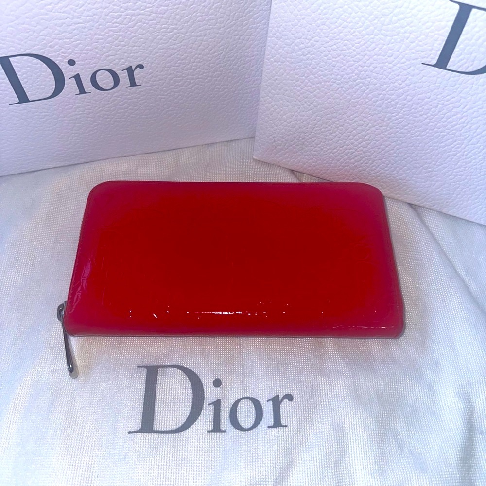 Christian Dior Red Enamel Embossed Patent Leather Large Zip Wallet